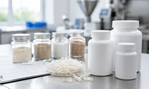 Unbranded vitamin bottles, capsule shells, and ingredient samples on a product development table.
