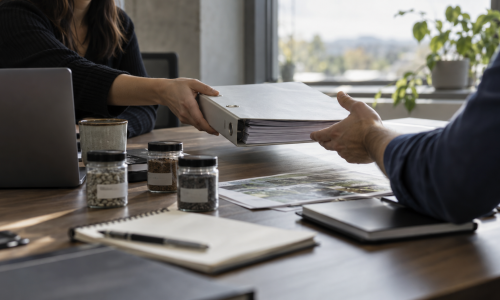Two people at a table exchanging a binder of production documents