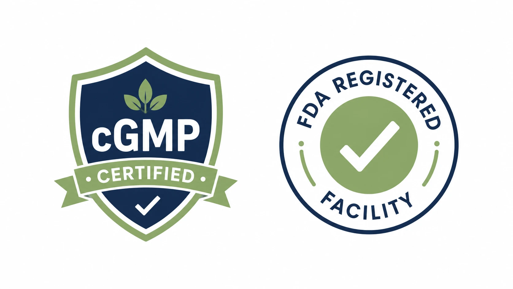 cGMP certified and FDA registered manufacturer badges