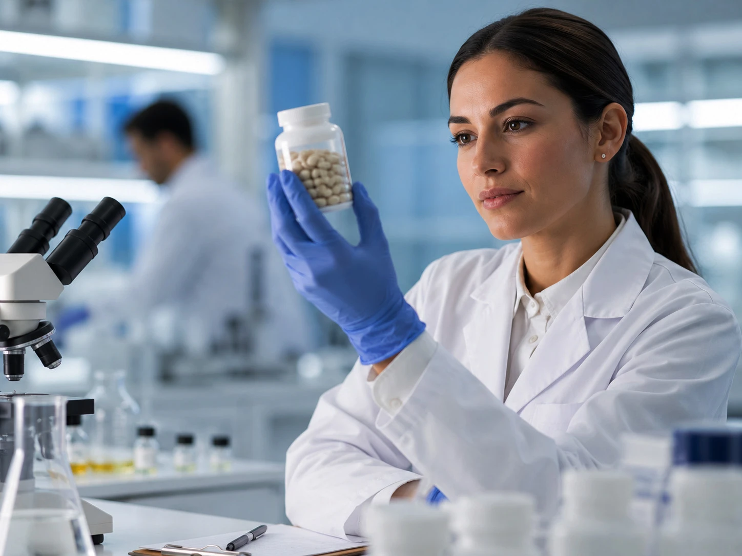 Quality control technician testing a supplement sample