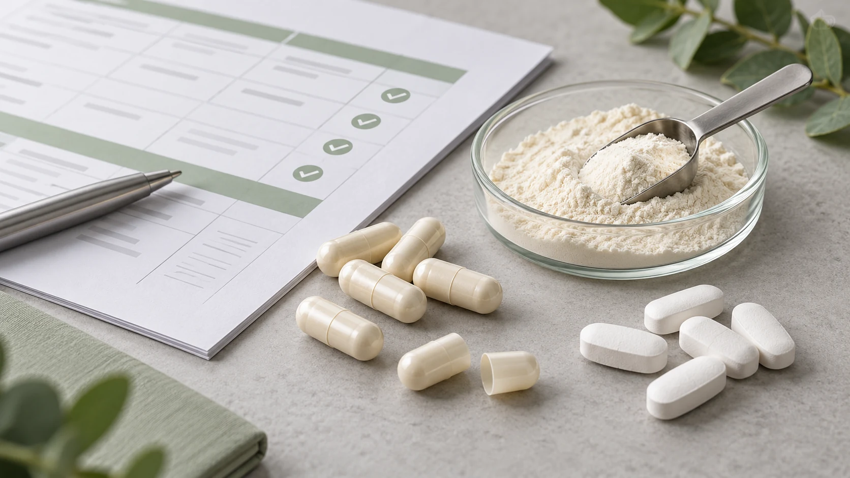 Hard capsules, tablets, and powder samples beside a supplement project brief.
